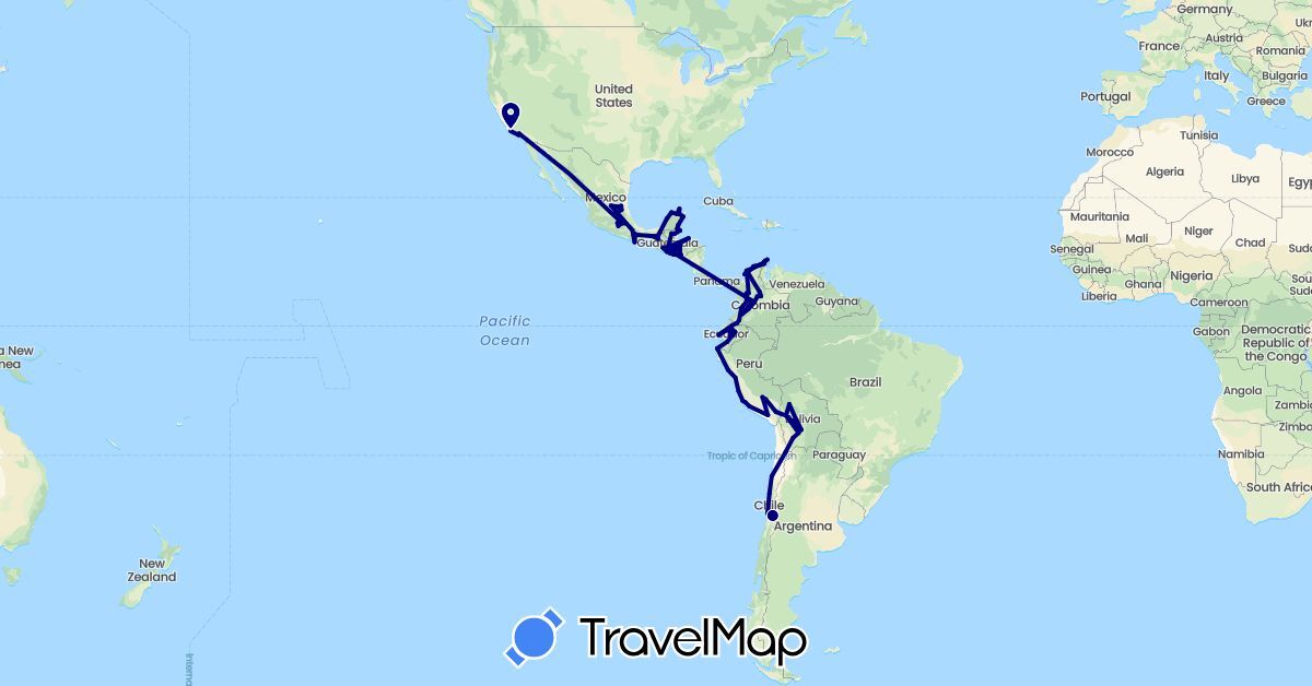 TravelMap itinerary: driving in Bolivia, Belize, Chile, Colombia, Ecuador, Guatemala, Honduras, Mexico, Peru, El Salvador, United States (North America, South America)